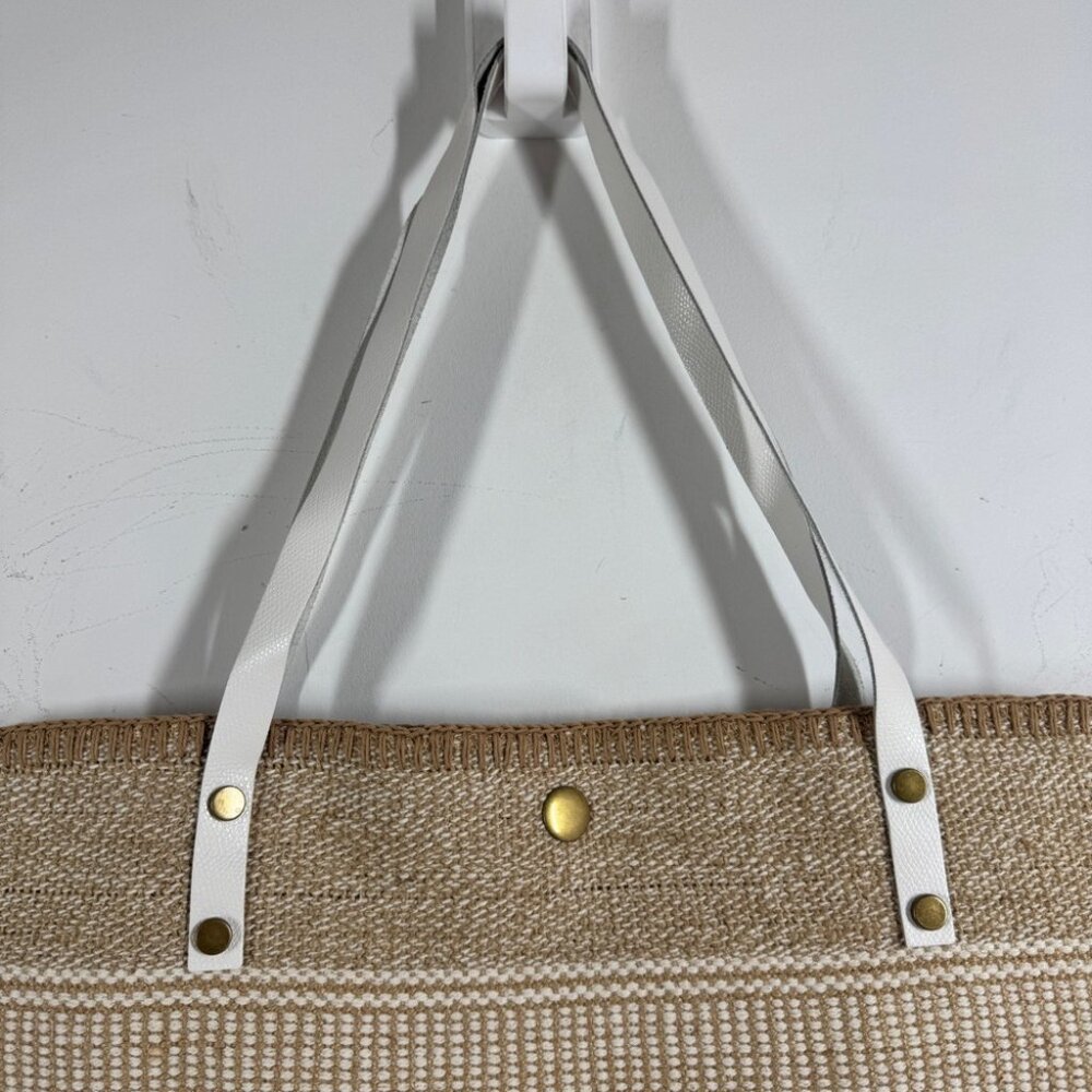 Summer Boho Woven Straw Raffia Bag Stylish Tan and White Tote Bag Stripe Beach - Picture 12 of 15
